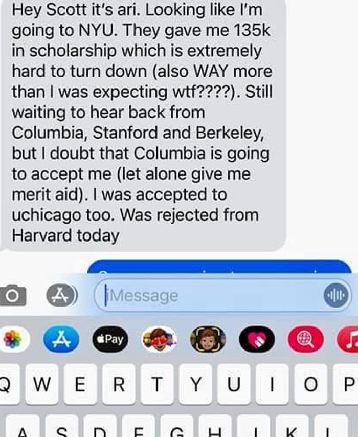 Student text describing NYU scholarship offer