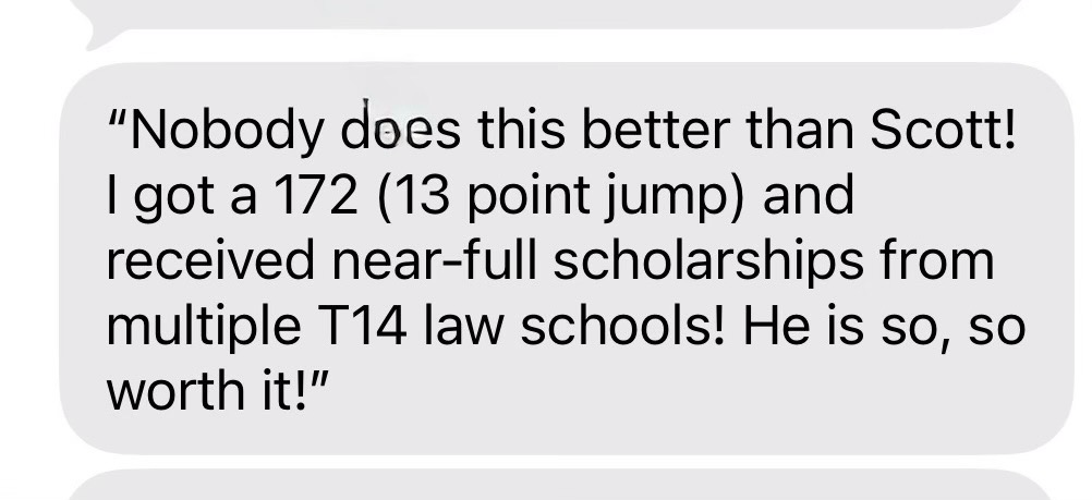 Student testimonial screenshot reporting a 172 score and near-full scholarships from multiple T14 schools